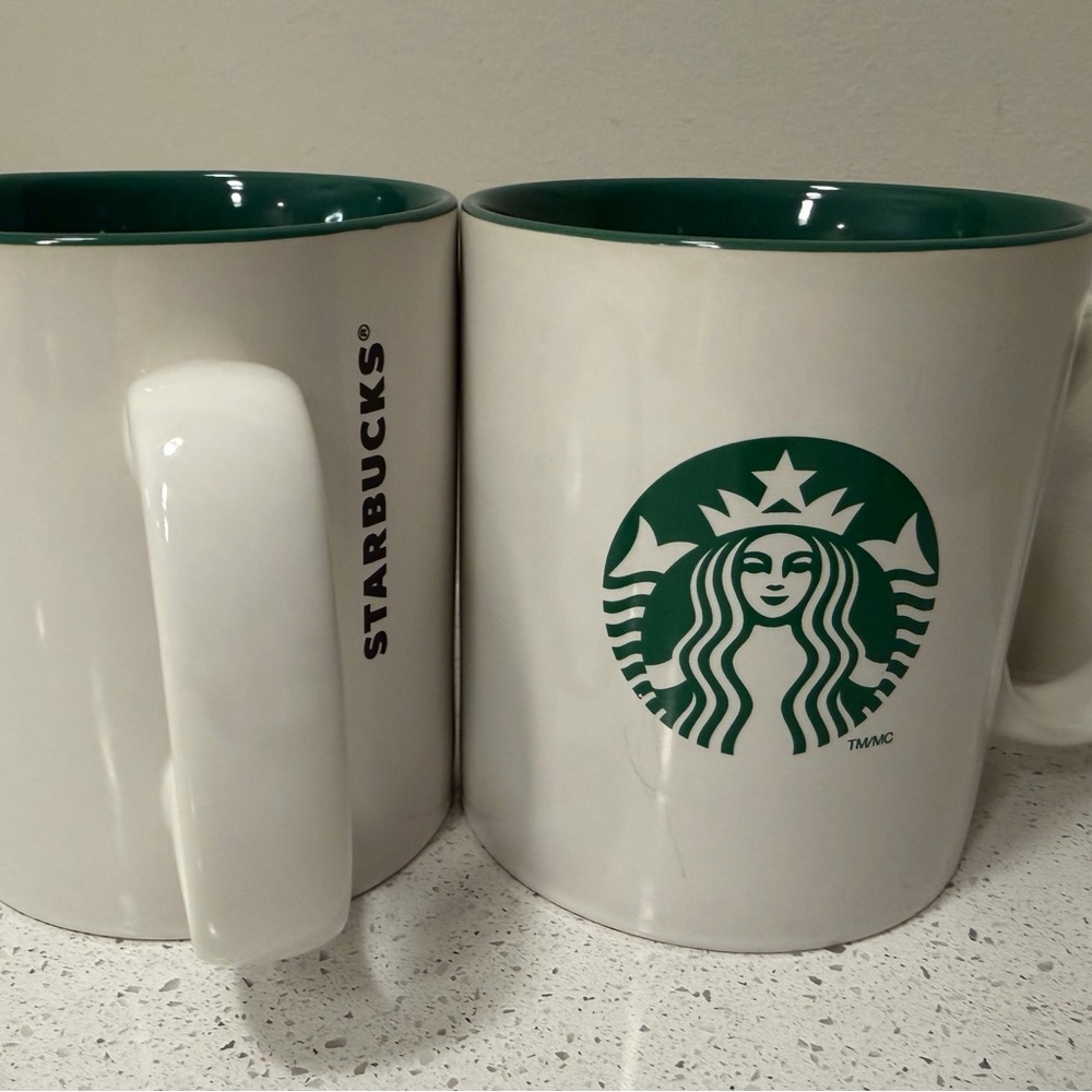 Starbucks White Mug Pair with Green Logo and Interior